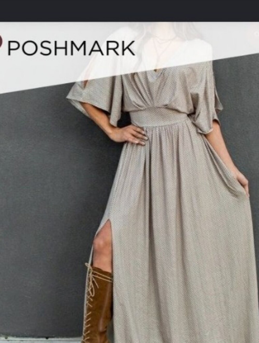 Joyfolie Taupe Printed Maxi Dress with V-Neck Large
